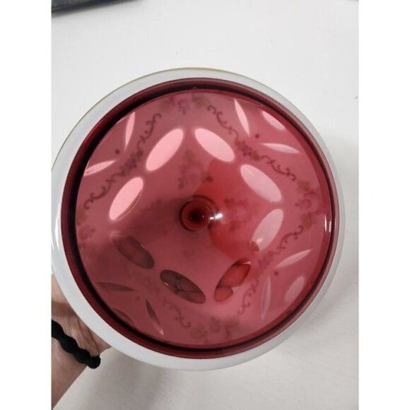 Vintage 19th Century Czech Bohemian Milk Cranberry Glass Candy Dish Bowl Lidded - Picture 4 of 10